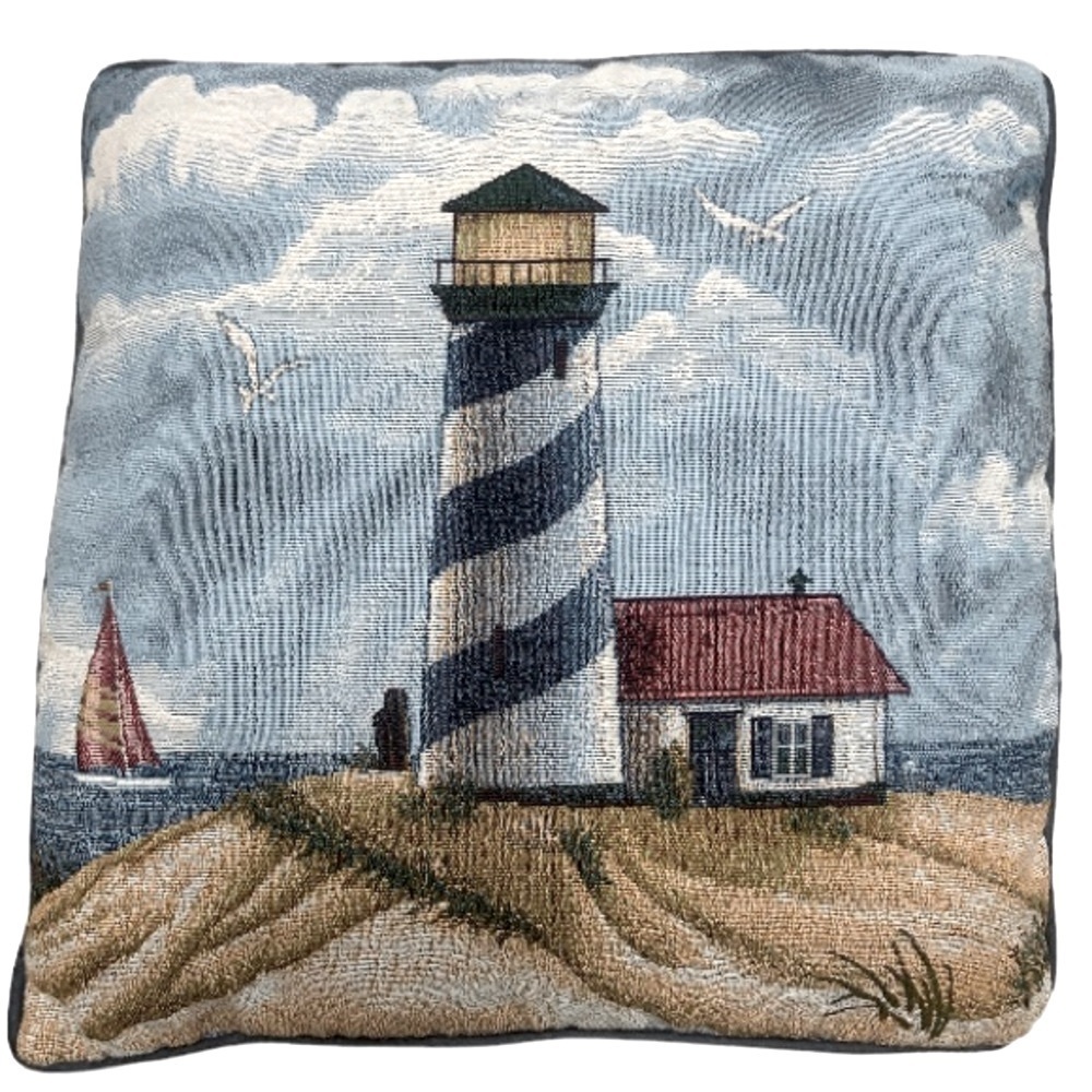 C✂️50%🌺 VINTAGE LIGHTHOUSE TAPESTRY PILLOW 17 X 17 EUC